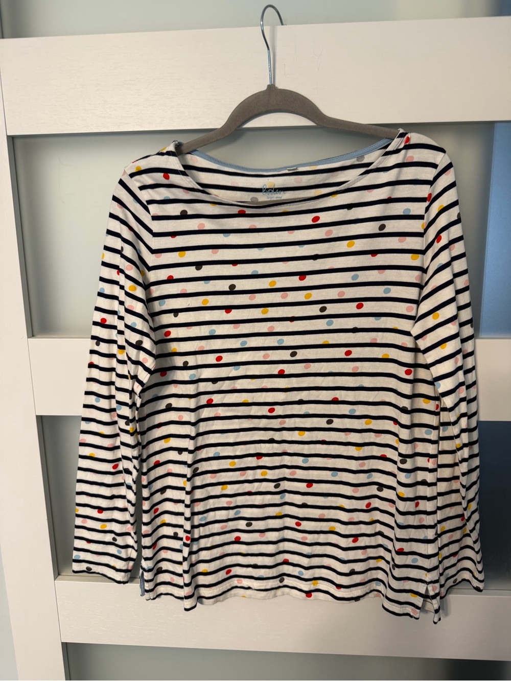 Boden White Navy-Striped Long Sleeve Top with Multicolor Dots